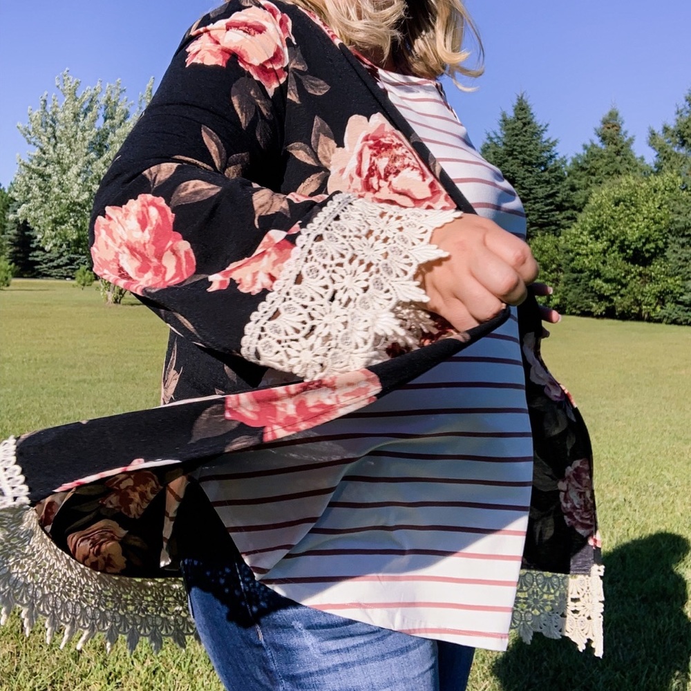 NWT Floral Cardigan with crochet lace trim